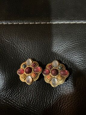 Express Gold-Tone Multistone Floral Clip Earrings in Pink, Cream, Blue, Red